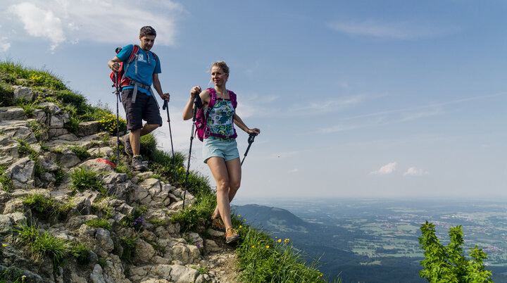 Abstieg: Zwei Wanderer auf den grünen Berghängen der Chiemgauer Alpen | © DAV/Hans Herbig